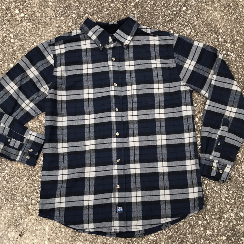 Men’s Navy Blue and Grey Plaid Flannel Shirt